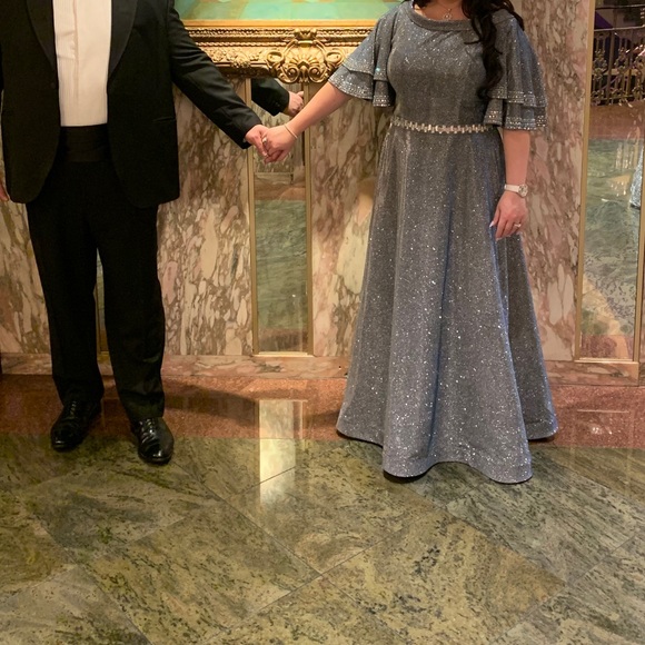 Silver Blue Glitter Evening Dress Special Occasion Party Gown Size 12 / 14 - Picture 3 of 9